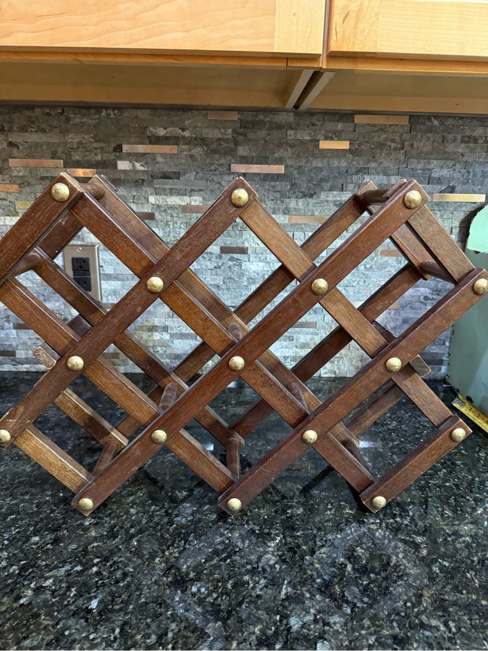 Vintage Cottage Core Wood and Brass Accordion Wine Rack